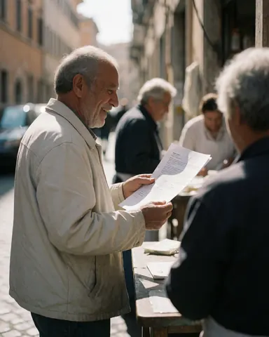 A smiling older man checks a document at a work table on a cobblestone street in Rome.