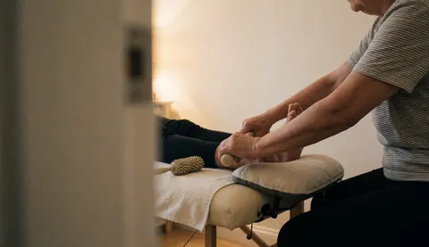 Close-up view of a reflexology session where a therapist uses a foam roller on a client's foot resting on a cushioned table.