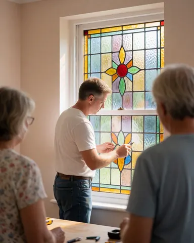 A craftsman installs a stained glass window in a room with beige walls while two people watch the work in progress.