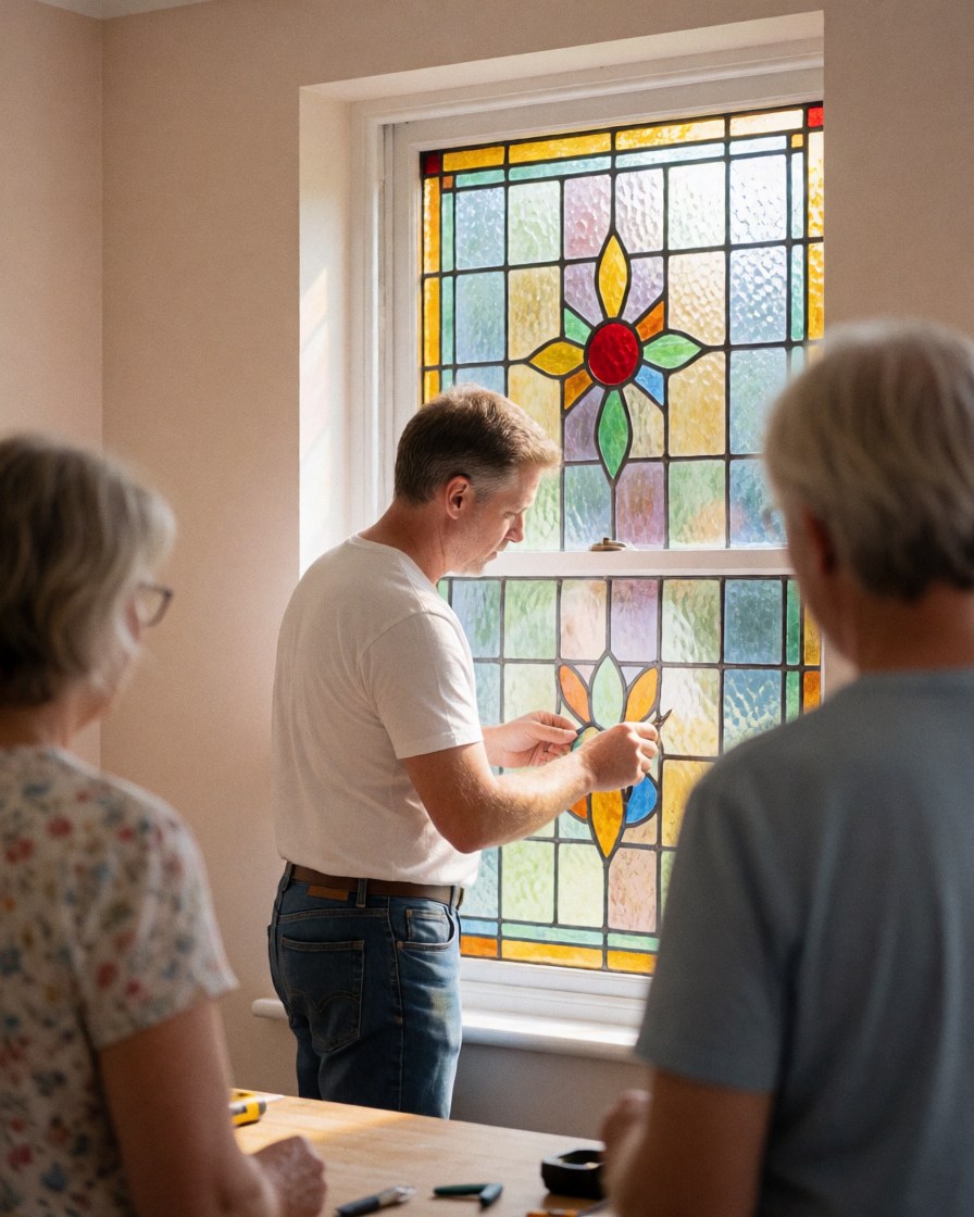 A craftsman installs a stained glass window in a room with beige walls while two people watch the work in progress.
