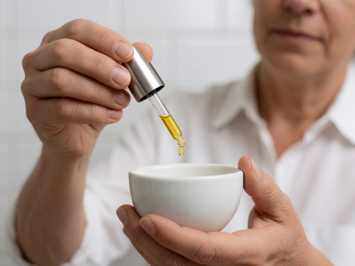 Golden essential oil drop falling into a white ceramic cup against a white tiled background for aromatherapy product display