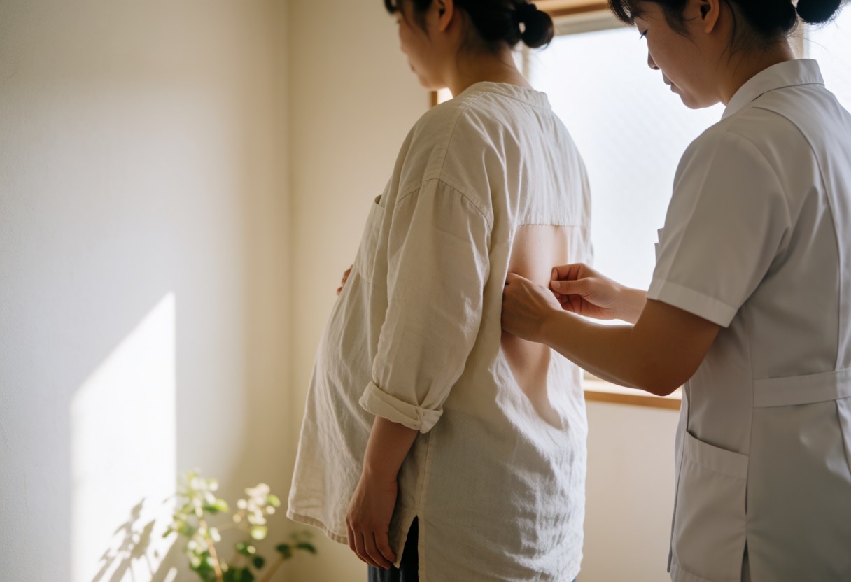 A therapist massages the back of a pregnant client in a bright white room with natural light.