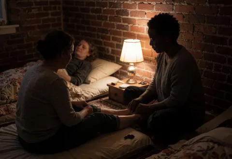 Therapist performing shiatsu on client feet while client rests on futon in room with brick walls and warm lamp light