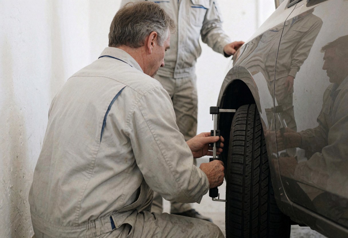 A mechanic uses a tool to measure tire tread depth in a white-walled auto repair shop during a vehicle inspection service.