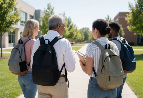Four students carrying books and backpacks while walking along a campus pathway with buildings and trees in the background.