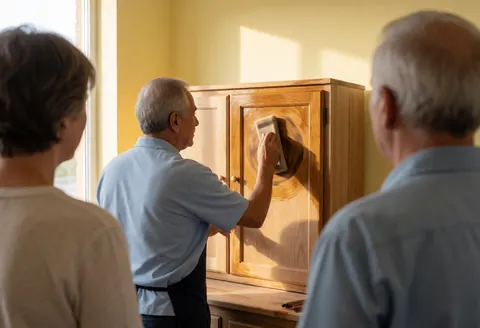 Close-up of hands applying wax to a wooden surface during furniture restoration work in a workshop with yellow walls and natural window light.