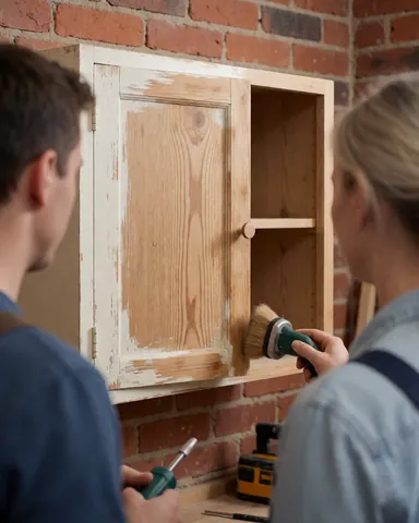 Close-up of hands using a brush to clean a distressed wooden piece in a brick-walled workshop