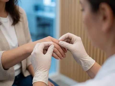 Close-up view of a therapist's gloved hands performing a therapeutic massage on a client's hand in a clinical setting with light wood walls.