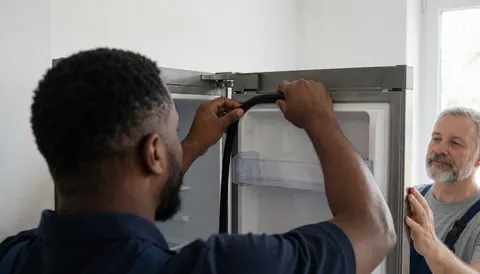 A technician installs a rubber gasket on a refrigerator door while a customer observes the repair process in a well-lit room with white walls.