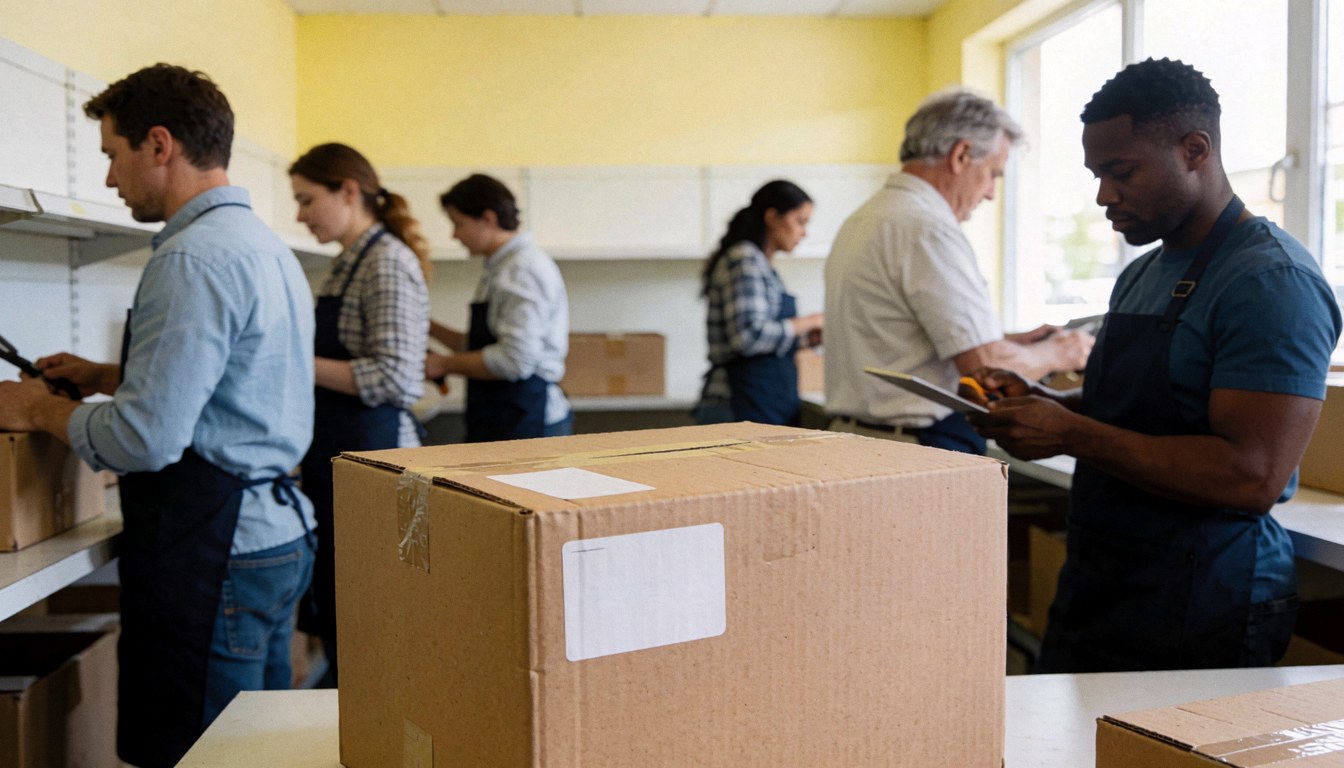 Close-up of a cardboard box with a shipping label in a logistics facility with yellow walls and shelves.