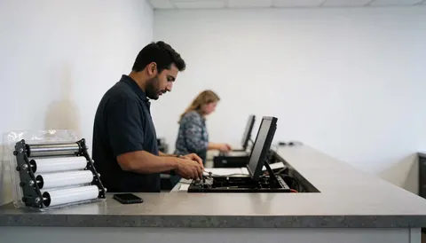 Printer technician using a roller kit to repair a printer on a white table with copy space on the right