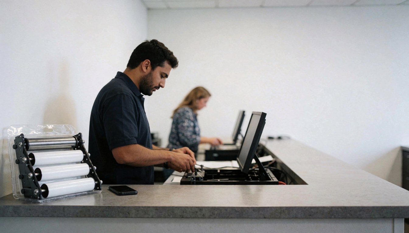 Printer technician using a roller kit to repair a printer on a white table with copy space on the right