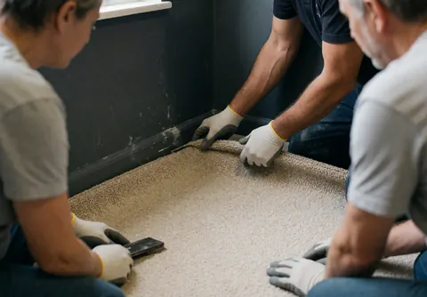 Workers wearing gloves adjust a beige carpet in a corner with dark gray walls during installation service.