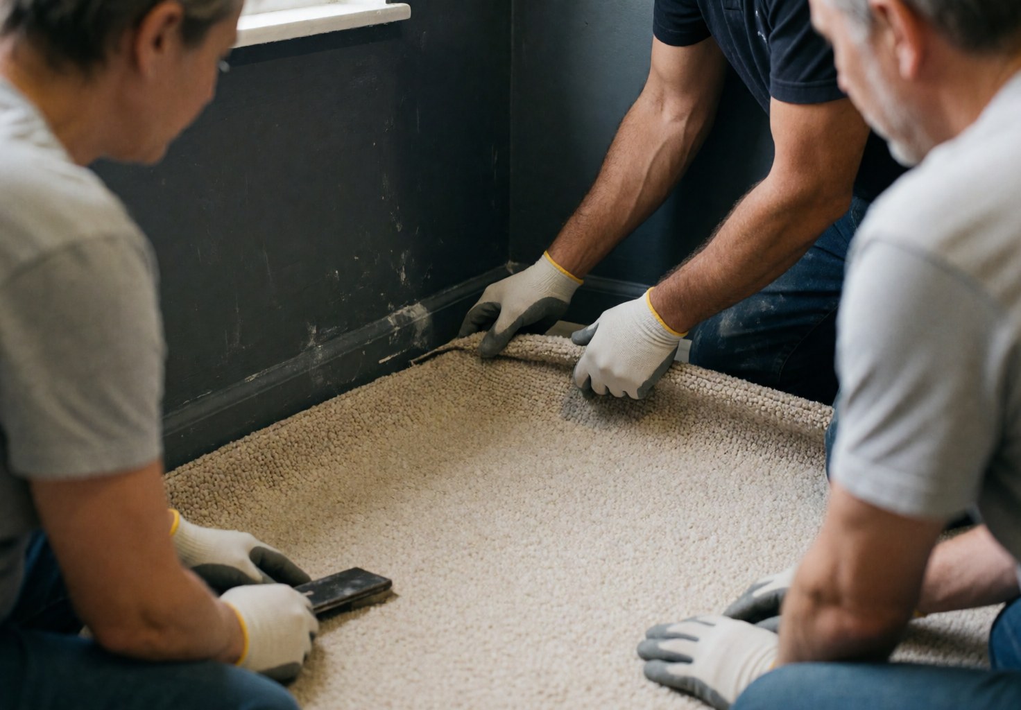 Workers wearing gloves adjust a beige carpet in a corner with dark gray walls during installation service.