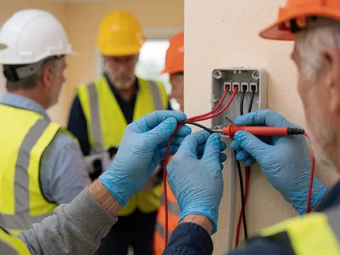 An electrician wearing blue gloves connects red and black wires in a white box while other workers observe nearby.