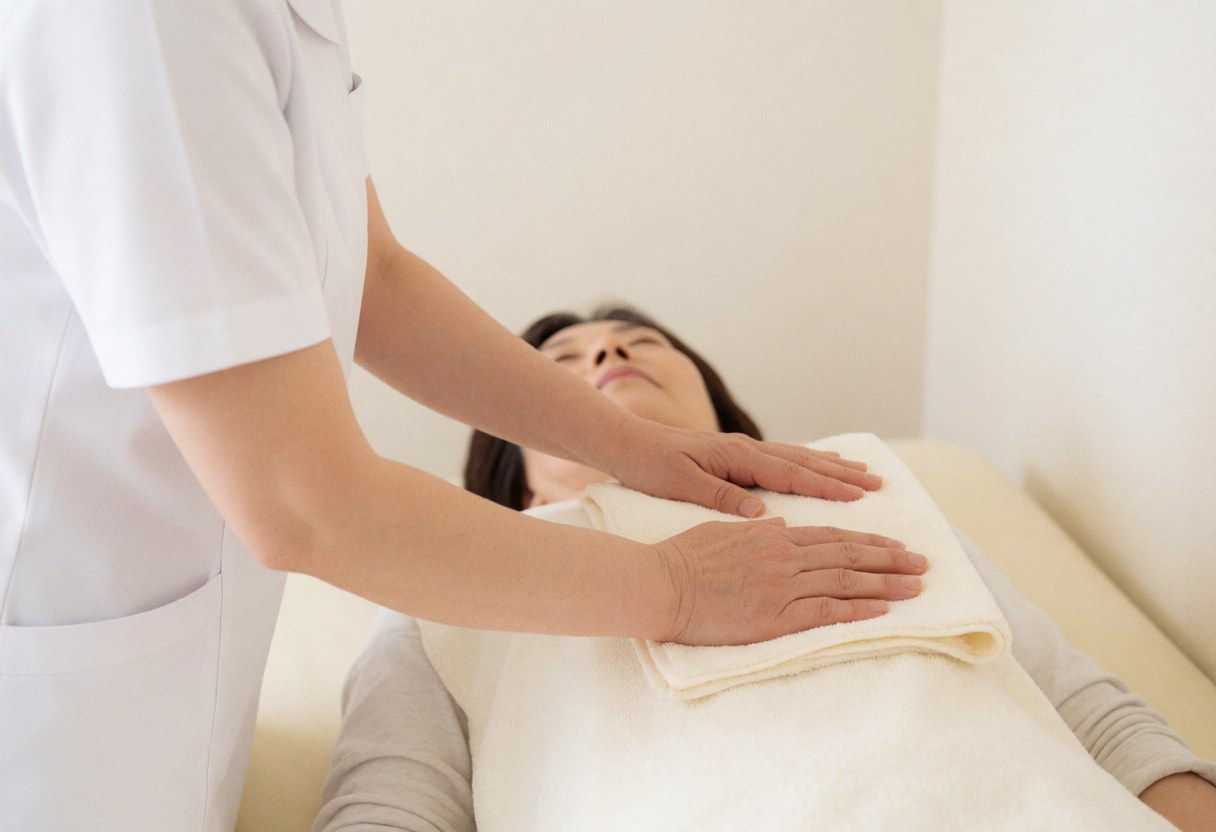 A therapist in a white uniform places a towel over a resting client's chest on a massage table.