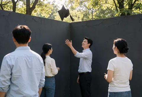 A graduate tosses their cap upward against a dark wall while friends watch happily in natural sunlight.