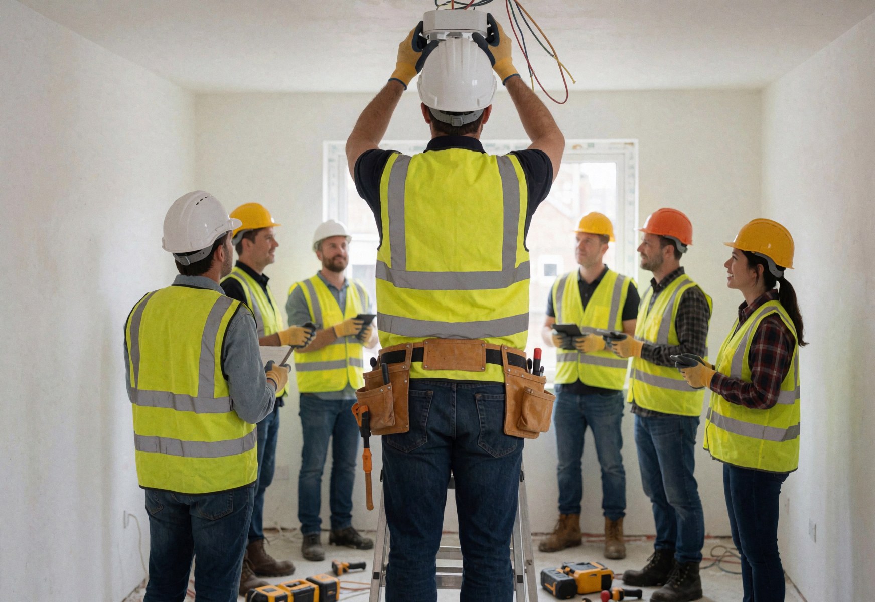 Security team members wearing helmets and reflective vests install an alarm system in a white room during ongoing construction work.