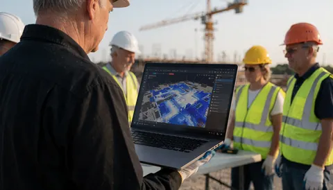 A drone operator uses a laptop to display a 3D model while standing on an active construction site with visible cranes and safety gear.