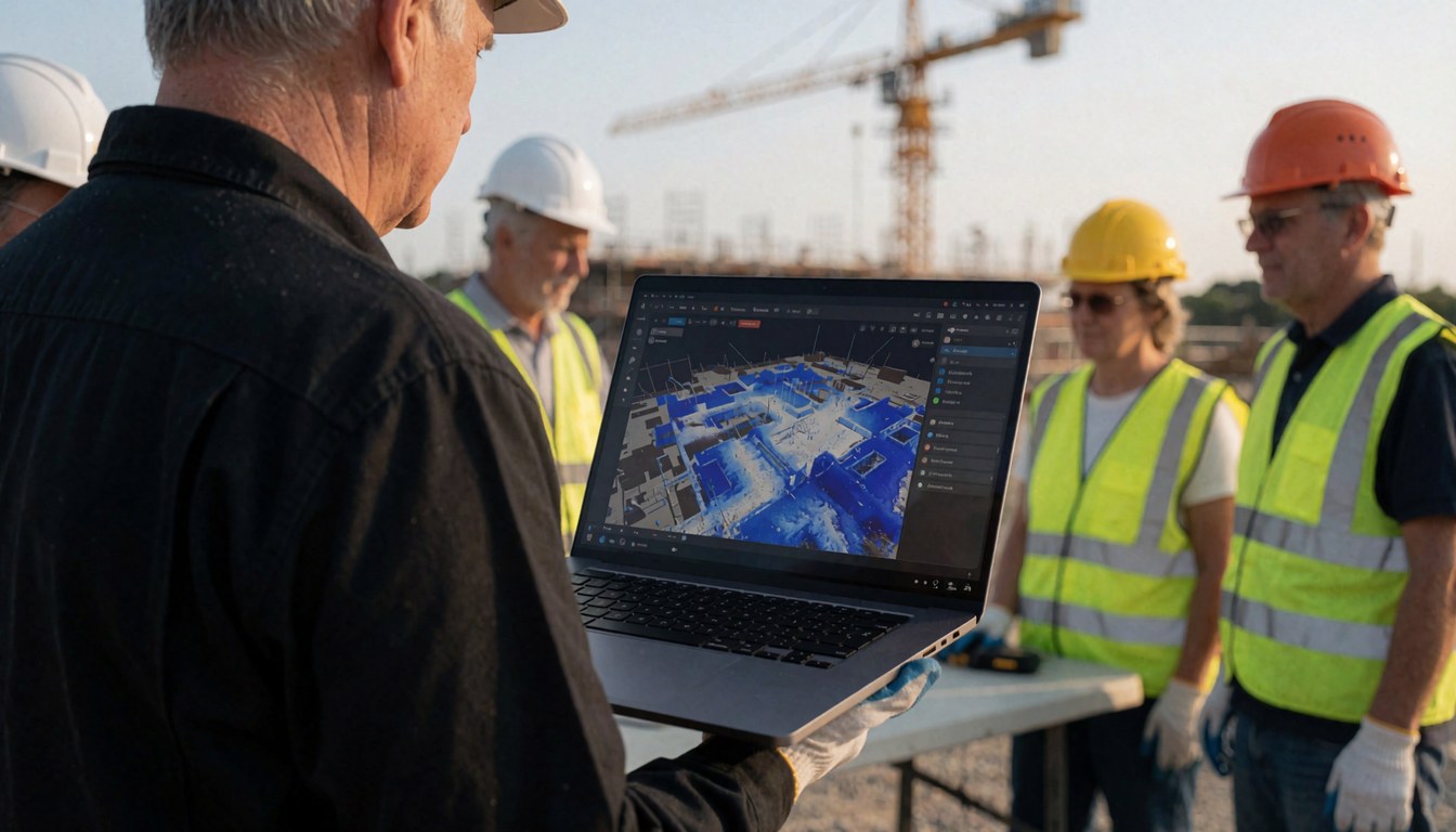 A drone operator uses a laptop to display a 3D model while standing on an active construction site with visible cranes and safety gear.