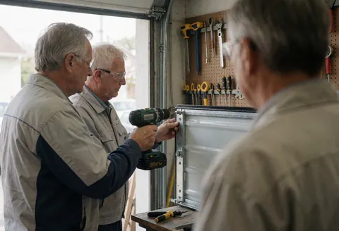 A technician in uniform uses a drill to install a metal garage door panel with tools visible on the wall during service work.