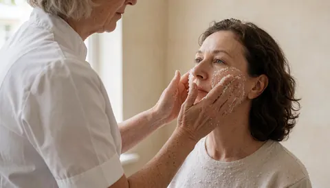 A therapist applies a facial exfoliating treatment to a client in a salon with beige walls and natural light.