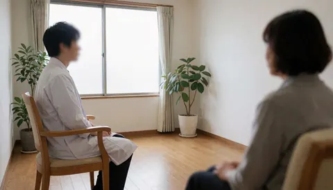 A homeopath practitioner conducting a consultation with a patient in a calm, professional room featuring natural light and wooden furniture.