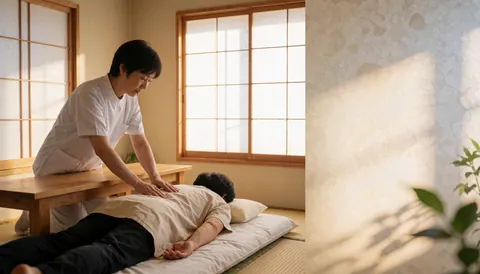 Shiatsu practitioner massaging a client's back in a Japanese-style room with sunlight and shoji screens