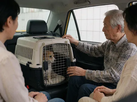 A dog in a transport cage inside a taxi with an older adult adjusting the cage for safe pet transportation.