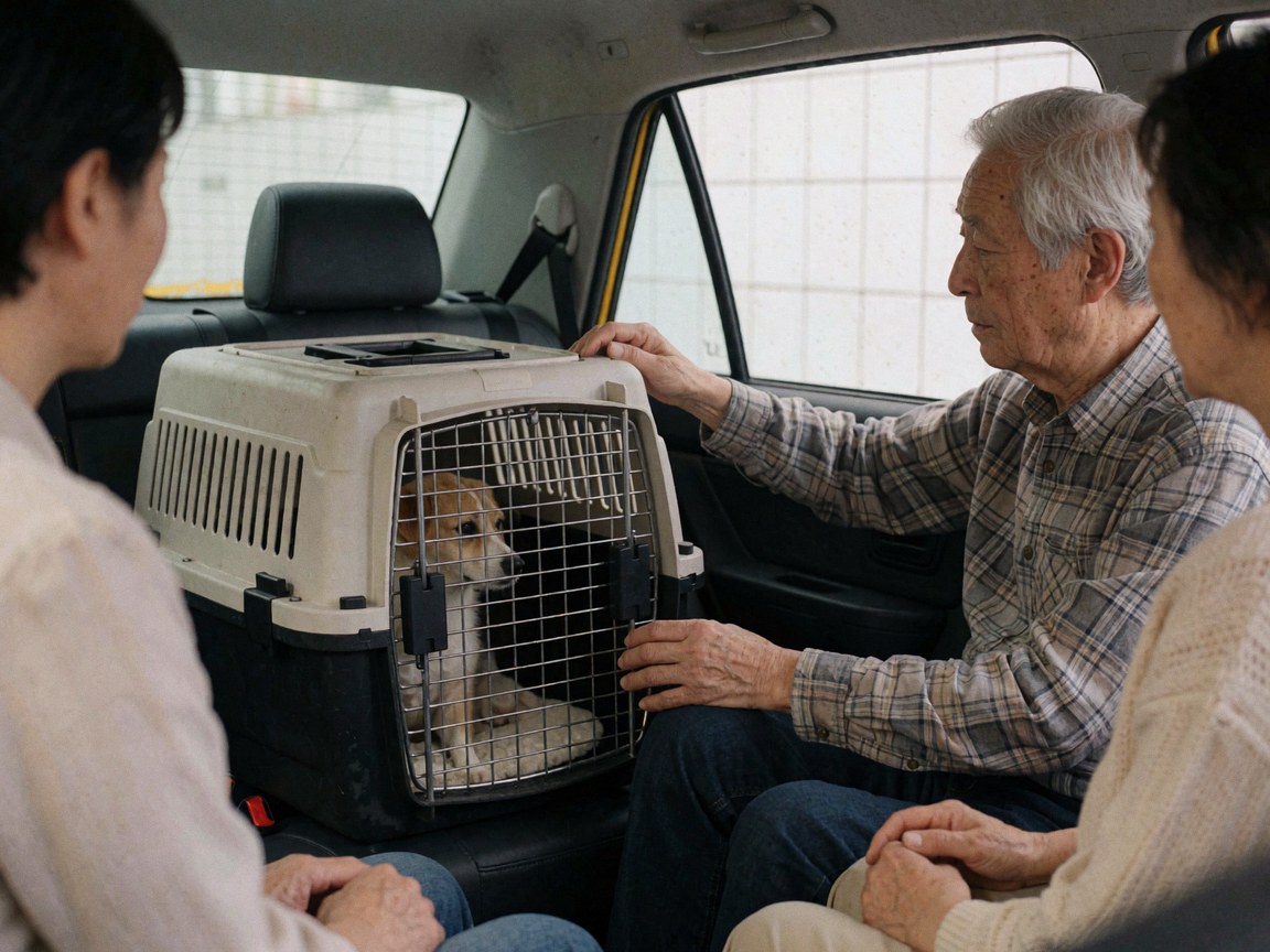 A dog in a transport cage inside a taxi with an older adult adjusting the cage for safe pet transportation.