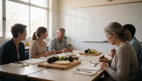 People working in a cooking class with avocados, limes, and tortillas on a long table.