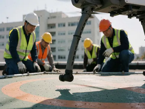 Aerial drone landing on a rooftop platform with workers wearing safety helmets and reflective vests under bright sunlight.