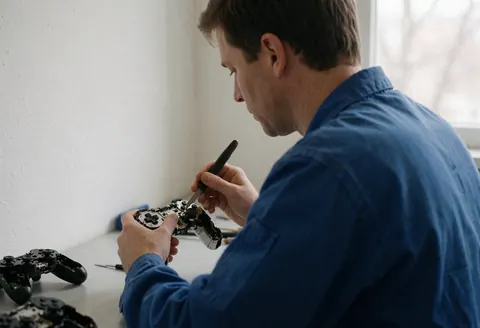 Close-up view of a technician using a screwdriver to repair a video game controller during a console service session.