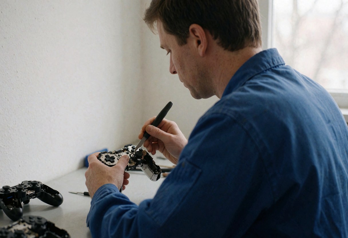 Close-up view of a technician using a screwdriver to repair a video game controller during a console service session.