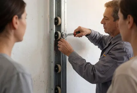 Close-up view of a technician using a tool to adjust the guide wheel on a garage door track during installation service.