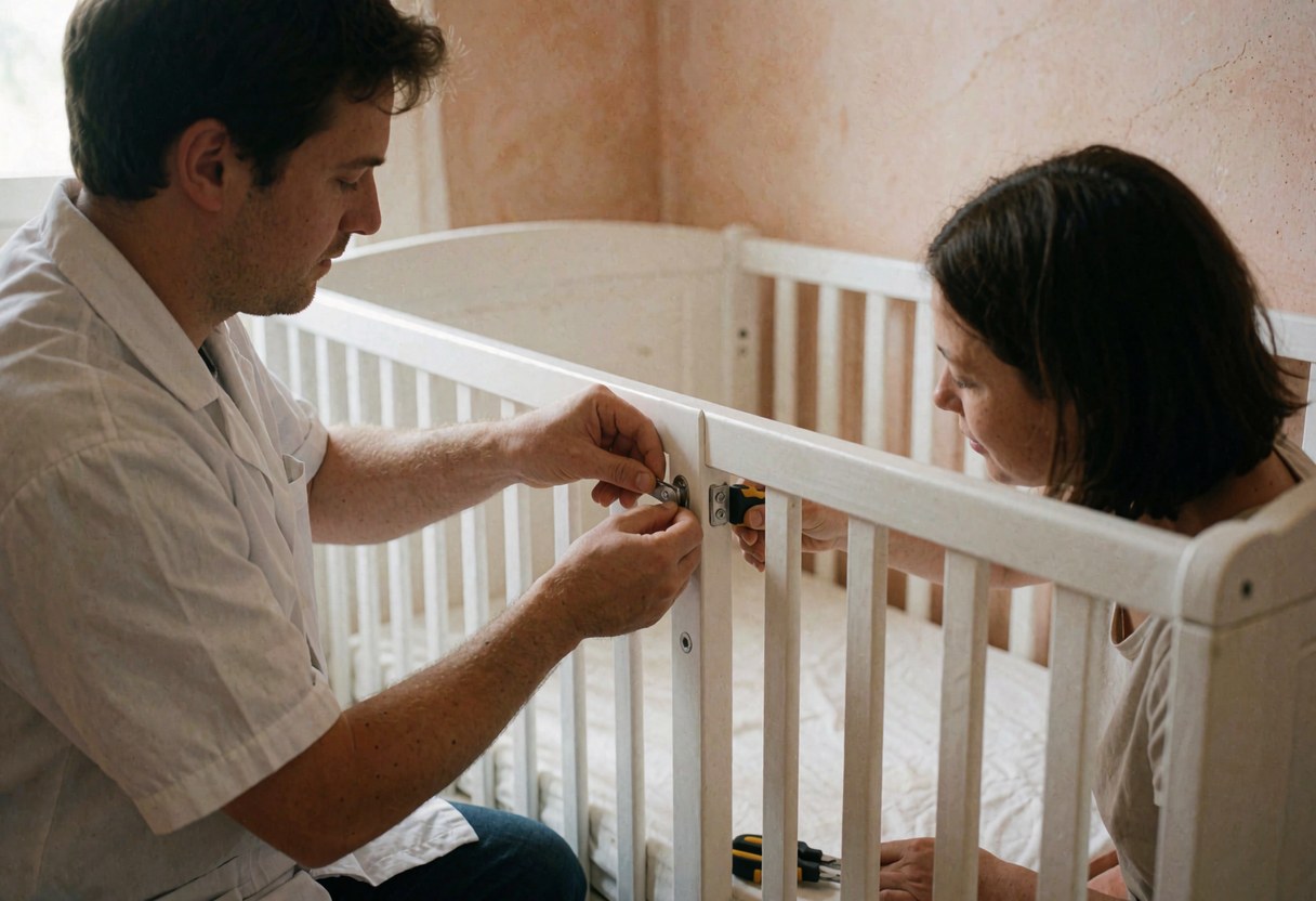 A technician assembles a white crib in a room with light terracotta plaster walls while a woman watches the process.