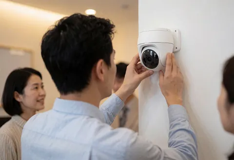 A technician installs a white dome security camera on a white wall in an office while others watch.