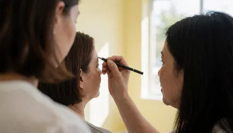 Professional hand using a pencil to outline eyebrows during a salon service with natural light and yellow walls