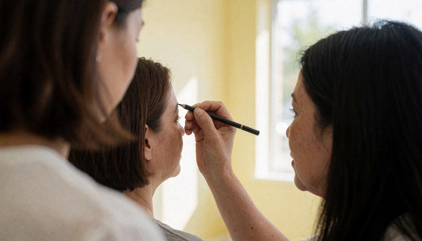Professional hand using a pencil to outline eyebrows during a salon service with natural light and yellow walls