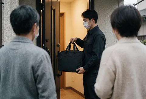 A masked individual delivering a bag inside a well-lit home, representing last-mile logistics service in action