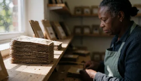 A person handles seed packets in an educational setting with natural light and shelves of materials in the background.