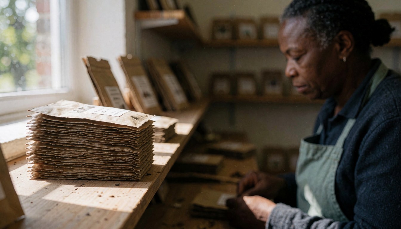 A person handles seed packets in an educational setting with natural light and shelves of materials in the background.