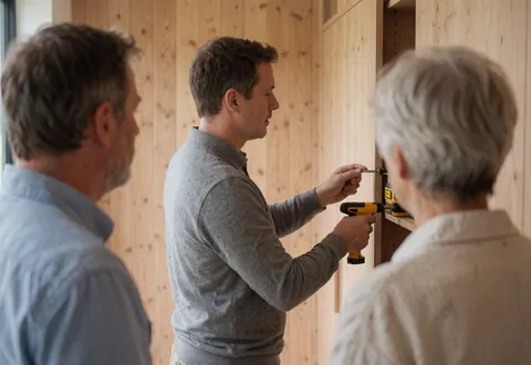 A carpenter uses an electric drill to install a built-in closet in a hallway with wood walls while clients watch.