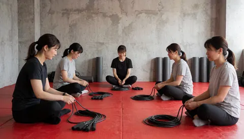 five women sitting in a circle on a red mat holding black jump ropes in a gym preparing for a boxing class