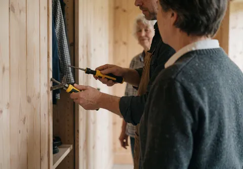 A carpenter adjusts a screw on a built-in wooden cabinet while a client observes the installation work.