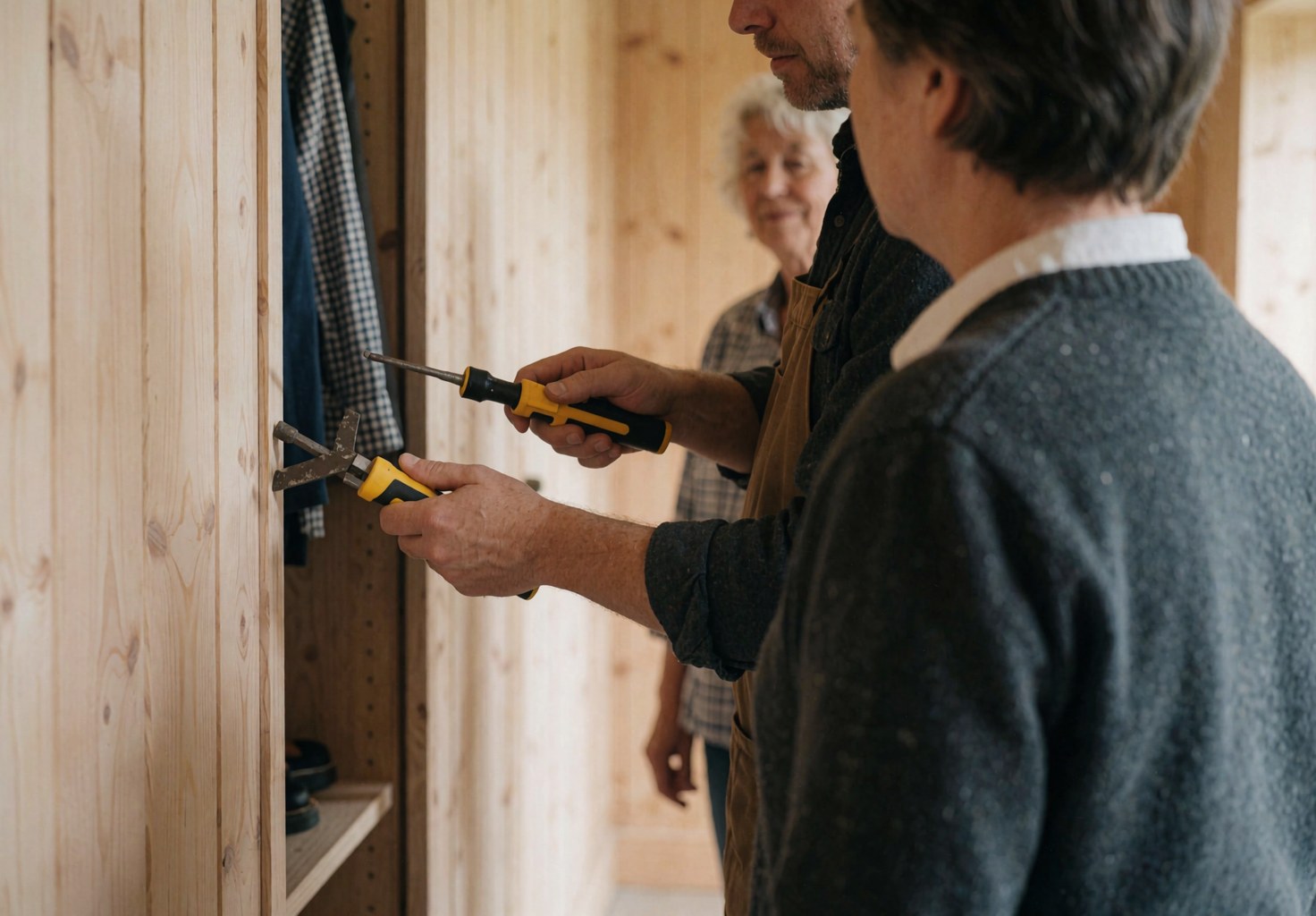 A carpenter adjusts a screw on a built-in wooden cabinet while a client observes the installation work.