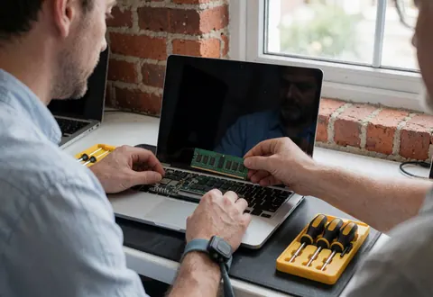 Close-up view of a technician installing green RAM into an open laptop on a workbench with tools and a brick wall background.
