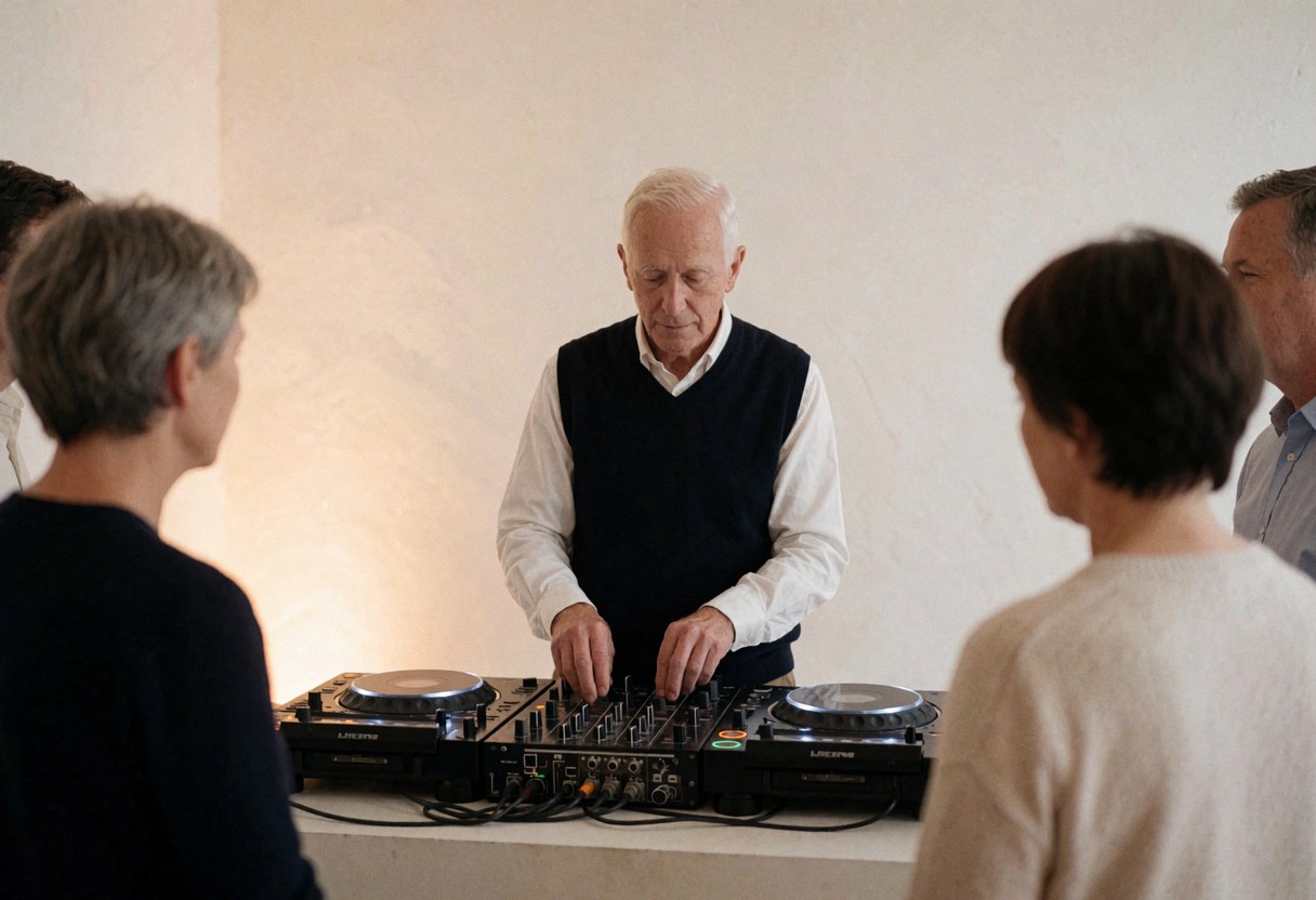 A senior DJ operates a professional mixer at a party with people watching from behind in a warm modern setting