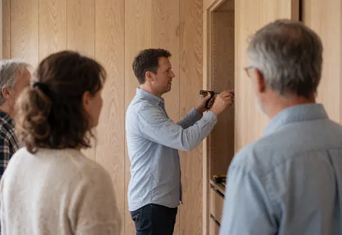 A carpenter installs a wooden cabinet in a hallway with wood-paneled walls while clients observe the work.