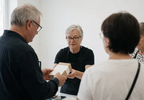 A person receives a product on a worktable in a modern studio with white walls and natural light.